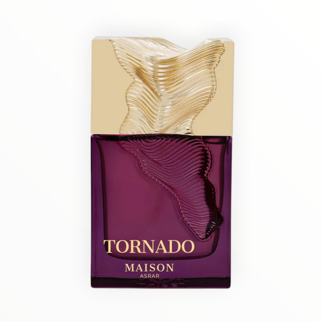Maison Asrar Tornado EDP von Rimaal in einem tiefvioletten Glasflakon mit kunstvollem goldenem Verschluss