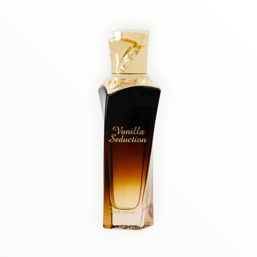 Maison Asrar Vanilla Seduction Eau de Parfum von Rimaal in einem eleganten, schwarz-goldenen 100ml Glasflakon.
