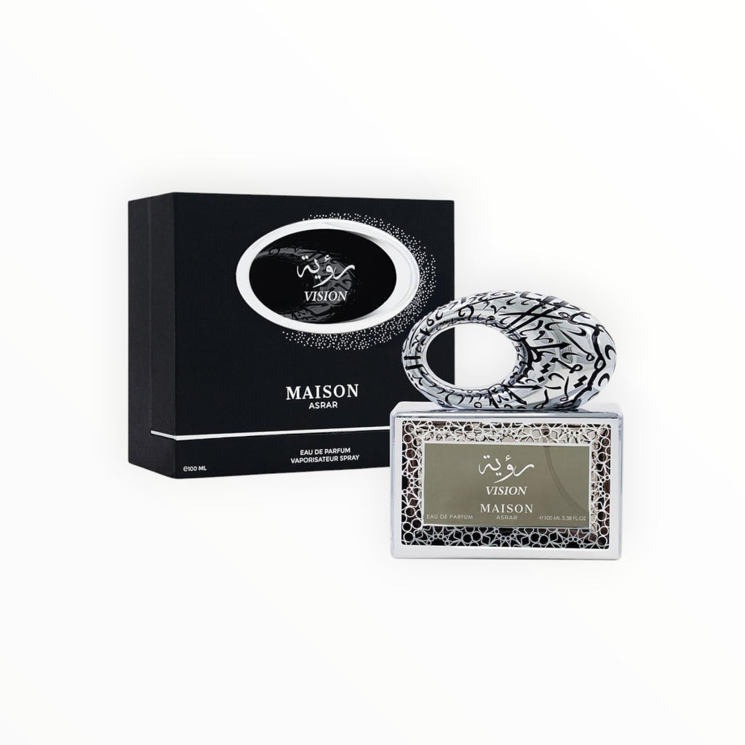 Maison Asrar Vision Eau de Parfum 100ml von Rimaal in luxuriösem Flakon mit arabischer Kalligrafie und schwarzer Box.