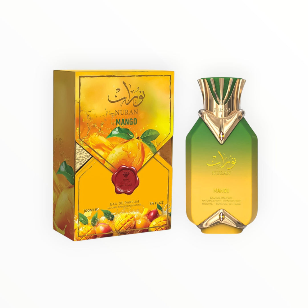 Rimaal Nuran Mango Eau de Parfum Flakon und Verpackung in leuchtendem Gelb und Grün mit tropischem Mangodesign