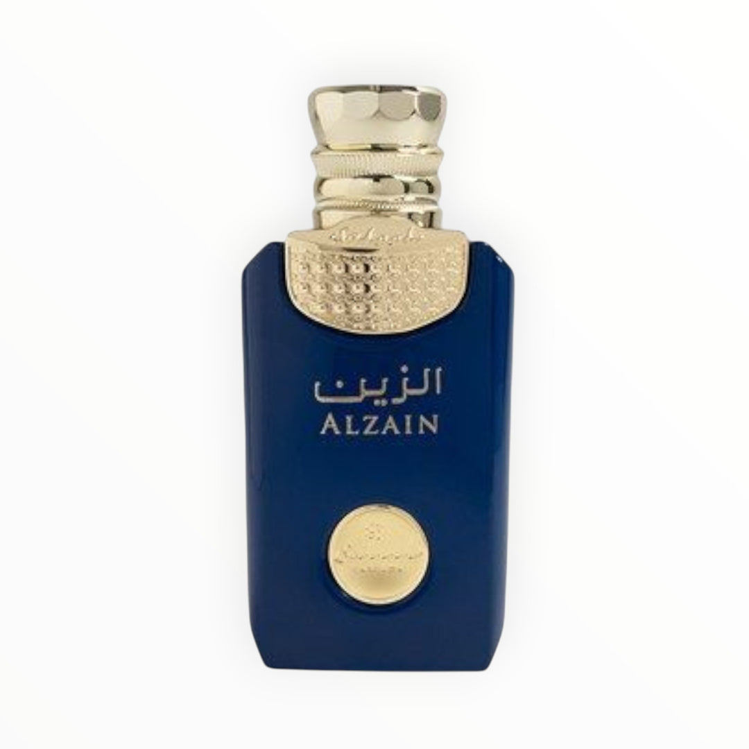 Rimaal Saleel Alzain Eau de Parfum 100ml in einem eleganten dunkelblauen Flakon mit goldenem Verschluss und Emblem.