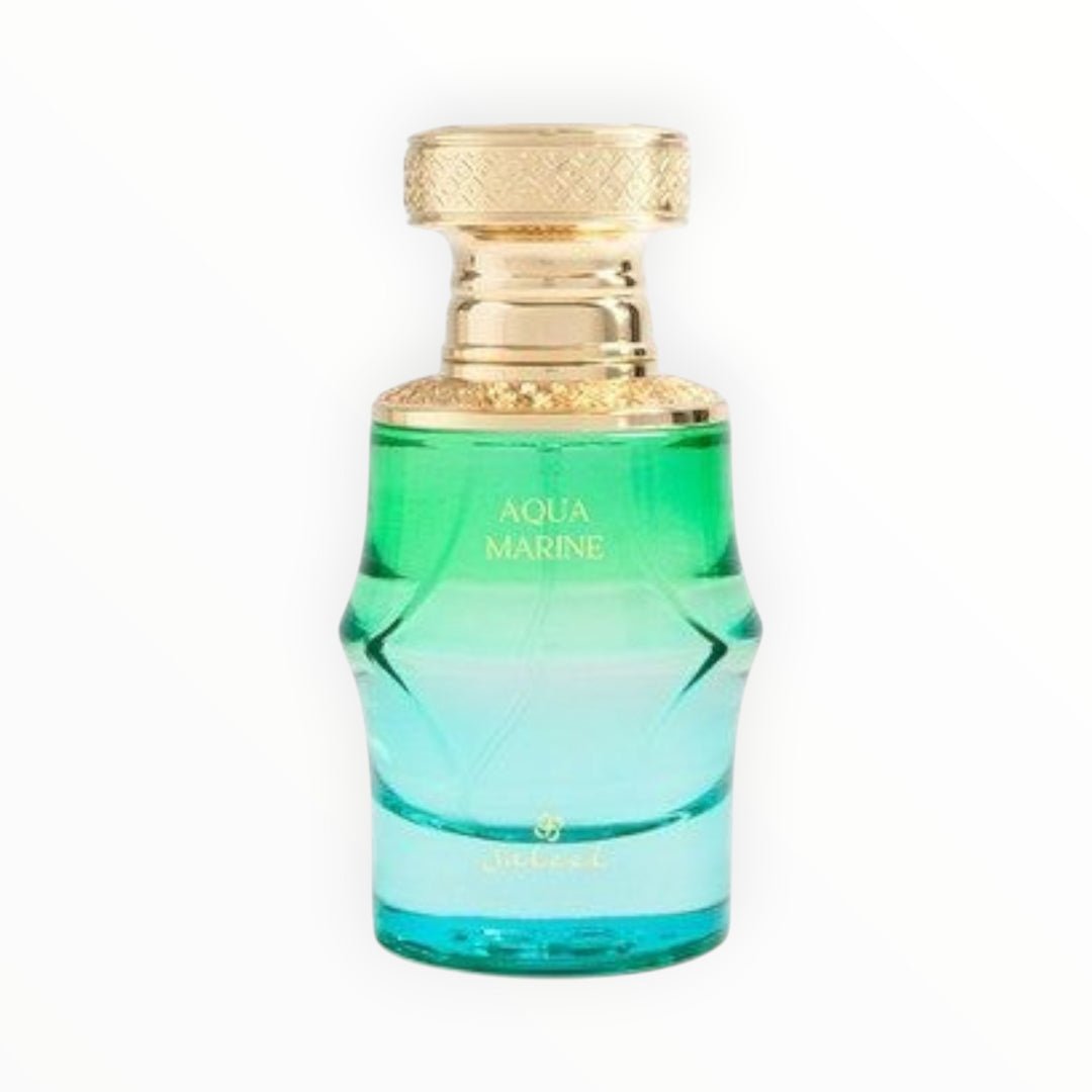 Rimaal Saleel Aqua Marine Eau de Parfum in einem türkisfarbenen Glasflakon mit goldenem Verschluss, 100ml.