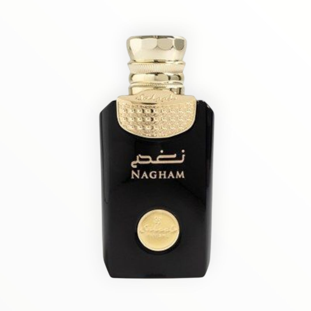 Rimaal Saleel EDP Nagham 100ml Parfumflakon in Schwarz mit goldenem Verschluss und eleganten Details