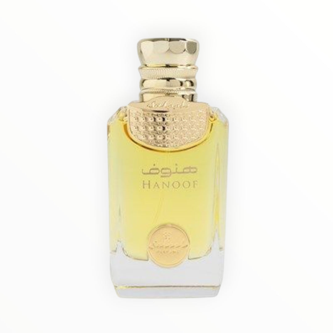 Rimaal Saleel Hanoof Eau de Parfum 100ml in einem eleganten Glasflakon mit goldenem Verschluss und Amber-Duft.
