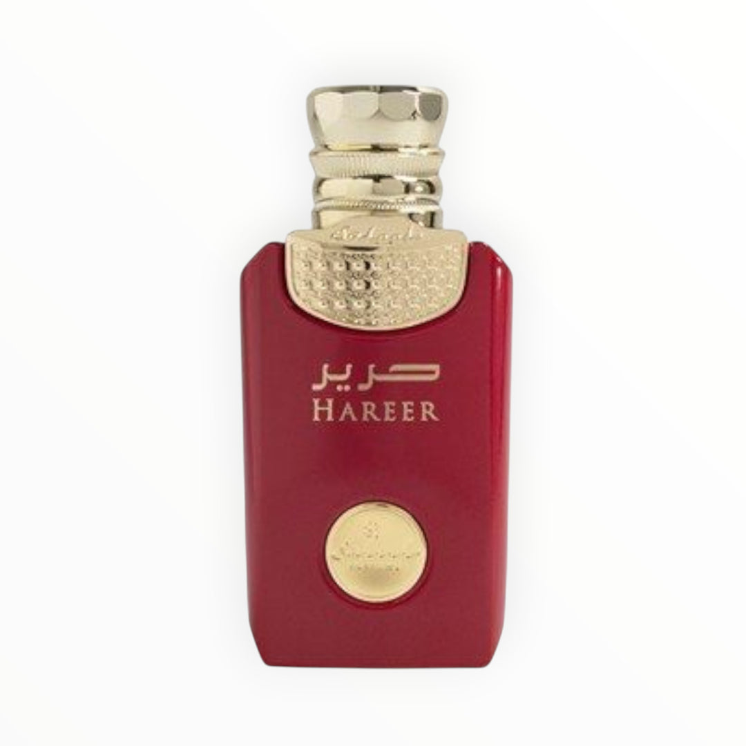 Rimaal Saleel Hareer Eau de Parfum 100ml in einem eleganten roten Flakon mit goldenem Verschluss und Details.