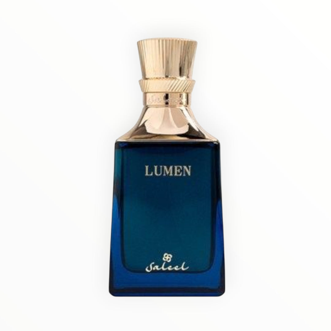 Rimaal Saleel Lumen Eau de Parfum in einem tiefblauen Glasflakon mit elegantem, goldfarbenem Verschluss.