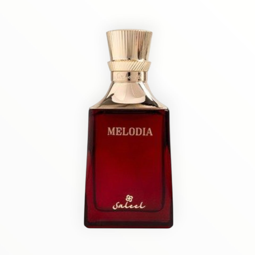 Rimaal Saleel Melodia Eau de Parfum 100ml in einem eleganten tiefroten Glasflakon mit goldenem Verschluss.