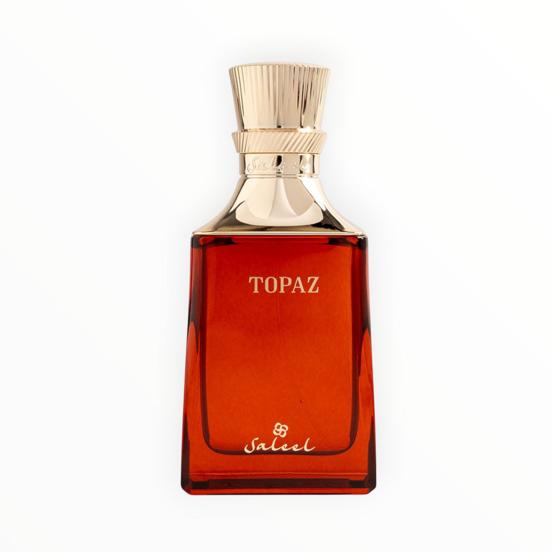Rimaal Saleel Topaz Eau de Parfum 100ml in einem eleganten bernsteinfarbenen Glasflakon mit goldenem Verschluss.