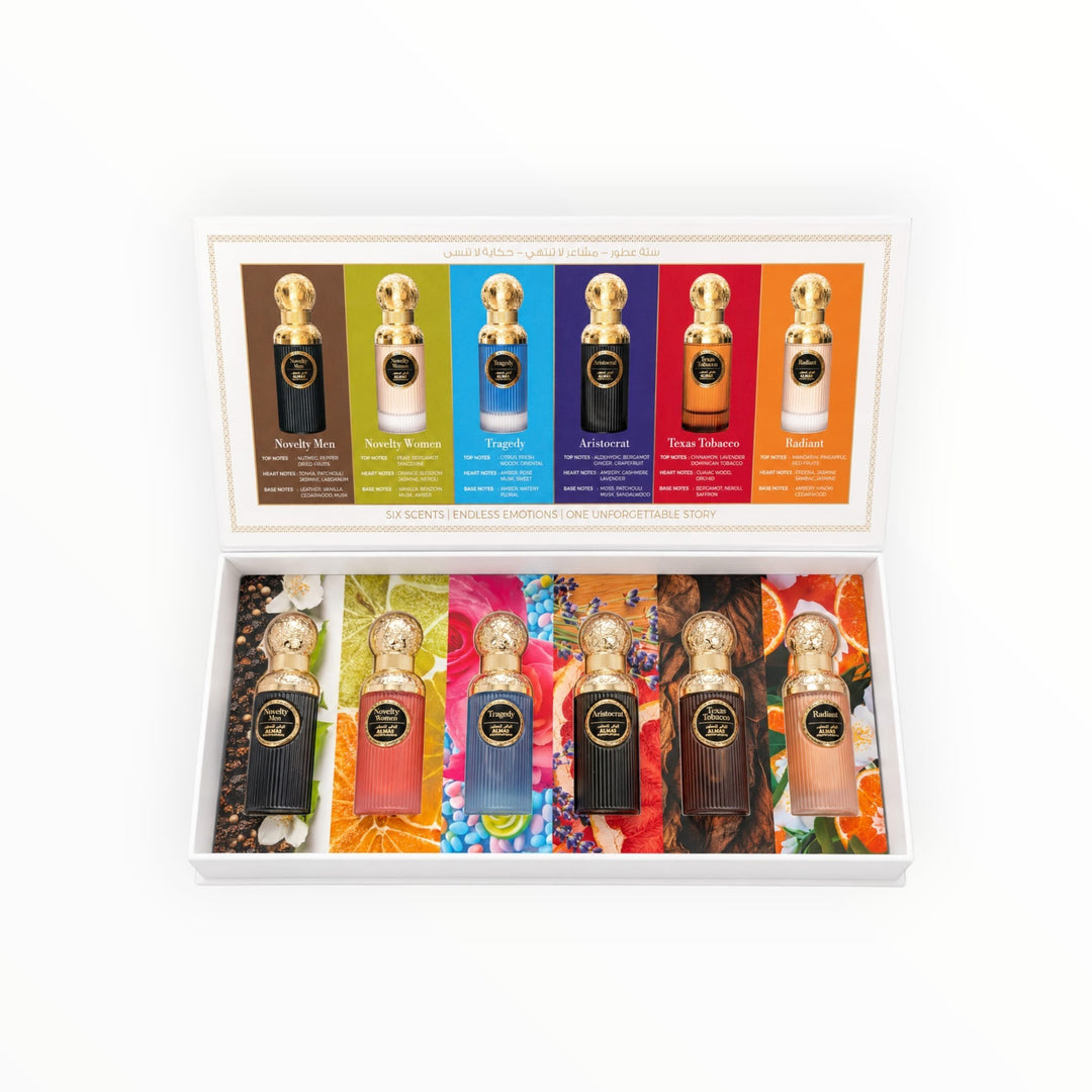 Rimaal Scented Stories Parfüm-Geschenkset mit sechs luxuriösen Flakons in einer eleganten Präsentationsbox