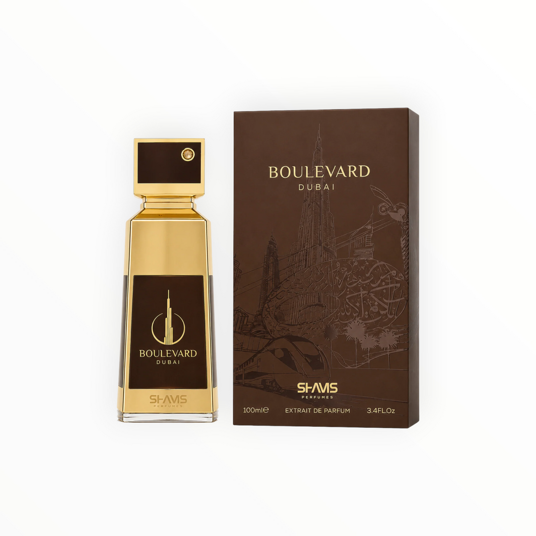 Rimaal Shams Boulevard Dubai 100ml extrait de parfum with gold accents and brown box featuring Dubai skyline design