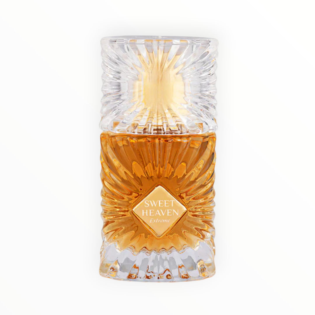 Rimaal Sweet Heaven Extreme Parfum in einem luxuriösen, facettierten Glasflakon mit goldener Flüssigkeit.