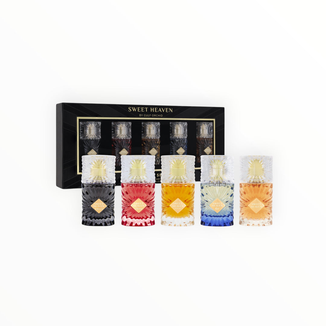 Rimaal Sweet Heaven Geschenkset mit fünf 30 ml Parfümflakons in verschiedenen Farben und elegantem Design.