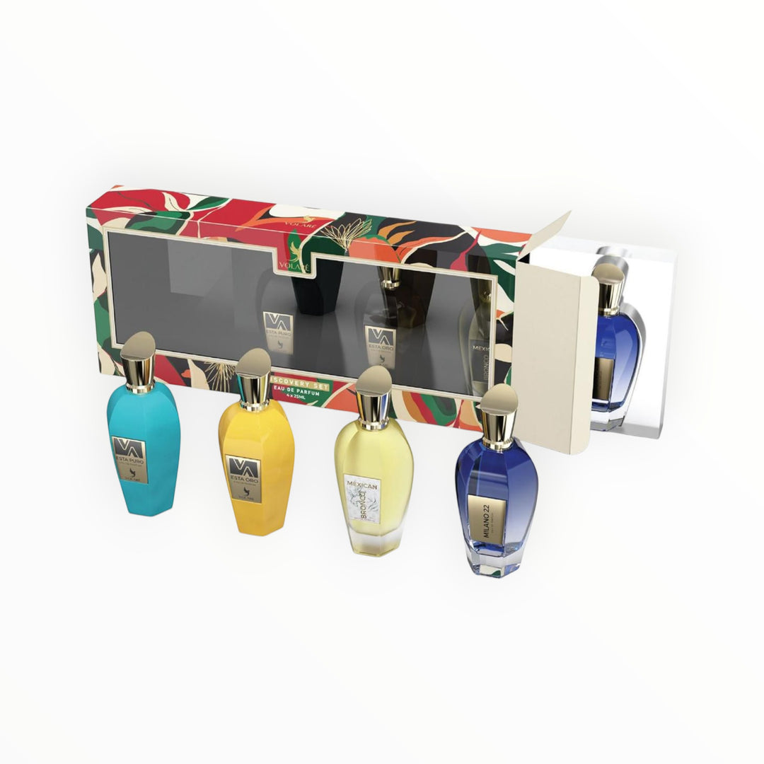 Rimaal Volare Discovery Set featuring four 25ml perfume bottles in blue, yellow, light yellow, and dark blue, with a colourful patterned box.